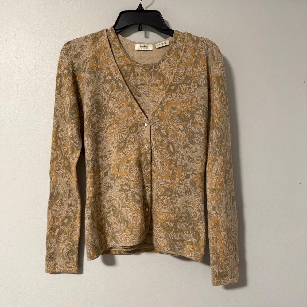 Neiman Marcus‎ 100% Cashmere Paisley Button Up Cardigan Sweater Set Gold Olive M